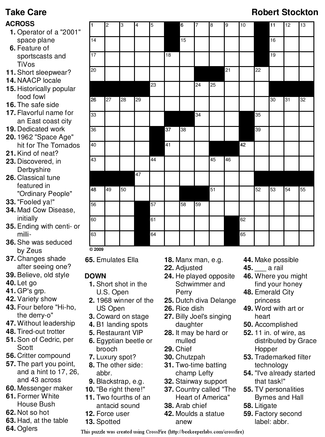 Beekeeper Crosswords » Blog Archive » Puzzle #123: “Take Care”