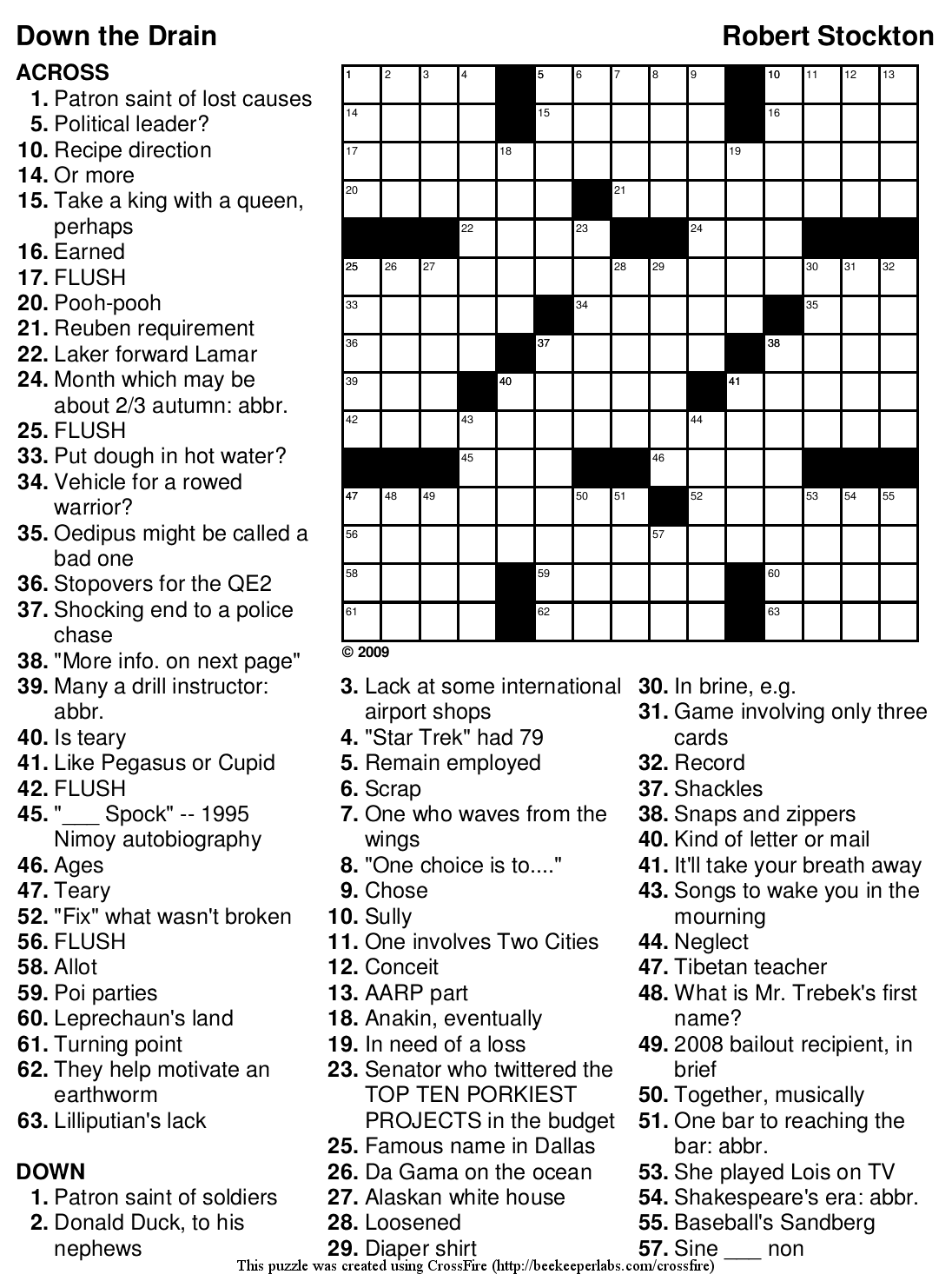 Free Crossword Puzzle #98: quot Down the Drain quot Beekeeper Crosswords